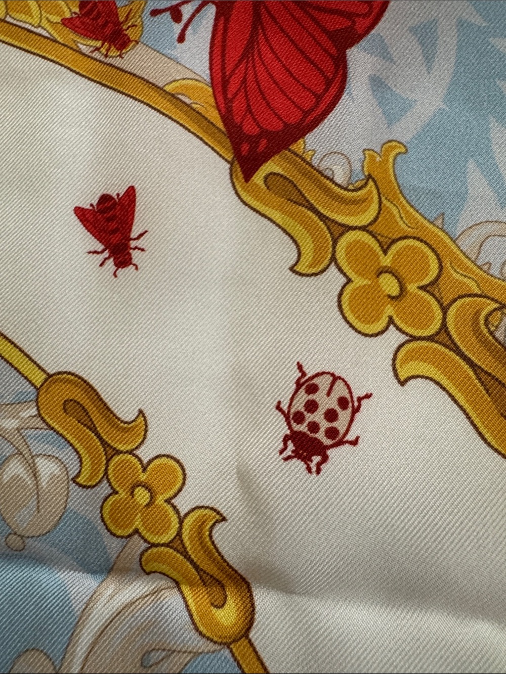Versace NWT Red & Pale Blue Butterfly Silk Scarf with Gold Accents in BOX - Picture 8 of 12